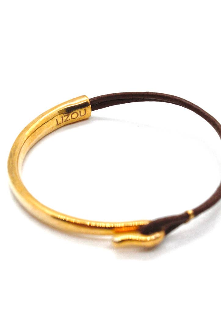 Brown Leather + 24K Gold Plate Bangle Bracelet