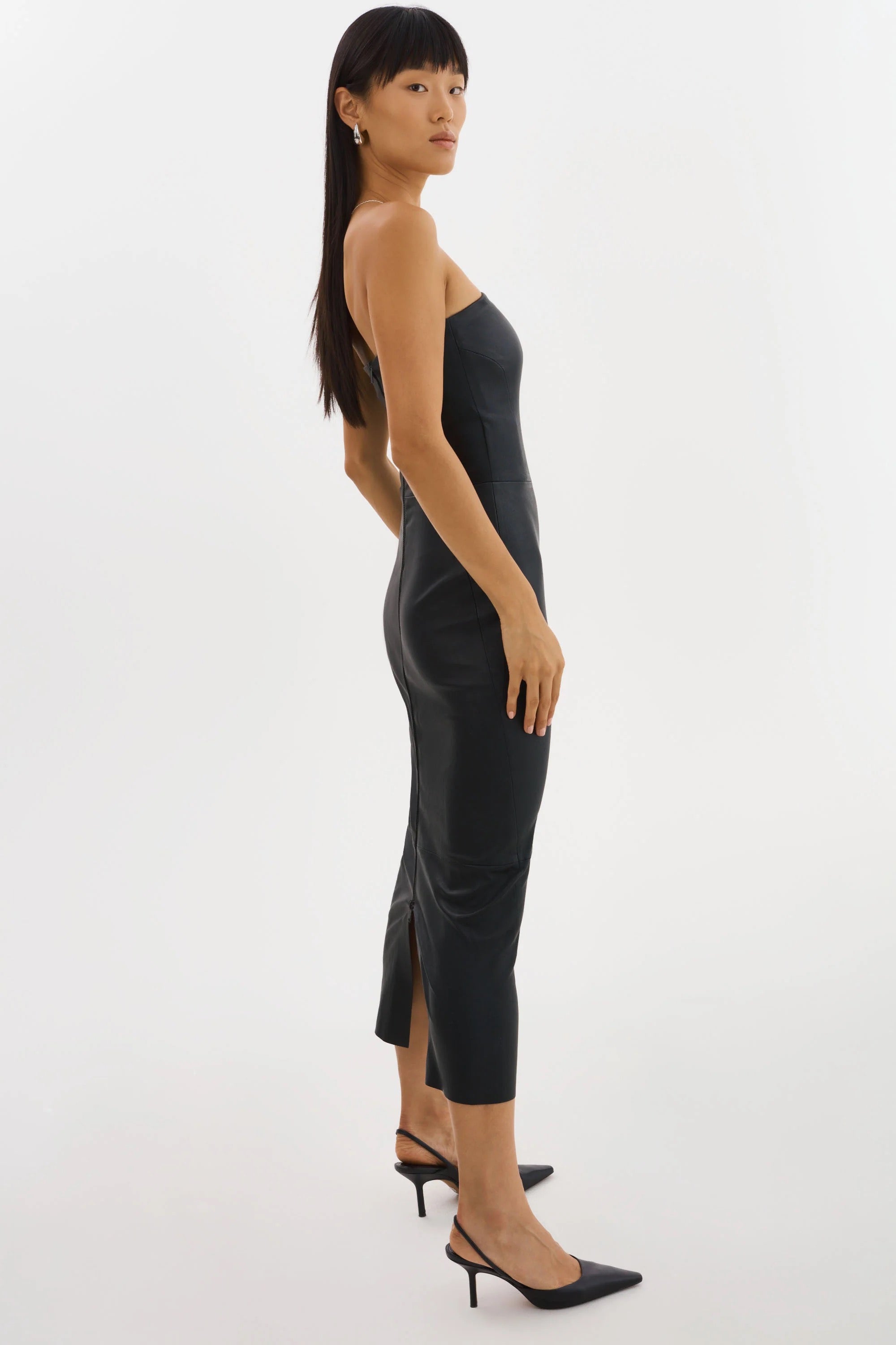 Strapless leather midi dress
