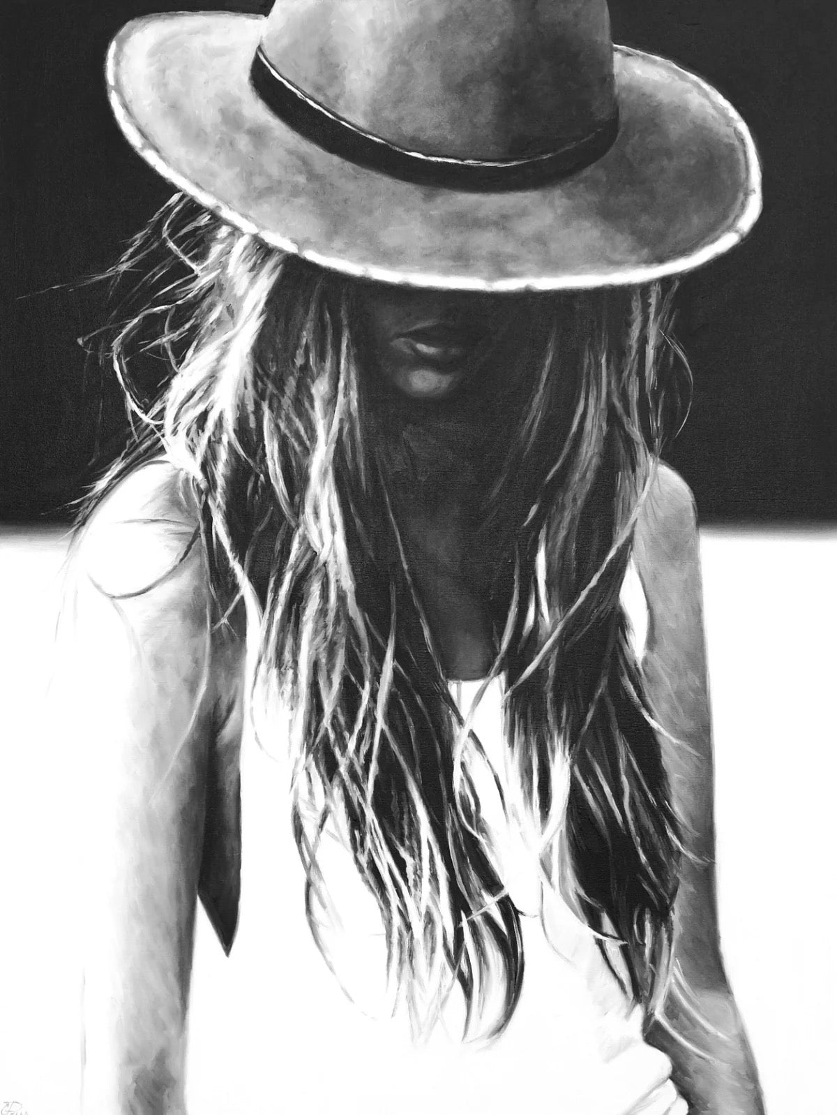 Person wearing a wide-brimmed hat with long hair, black and white photo