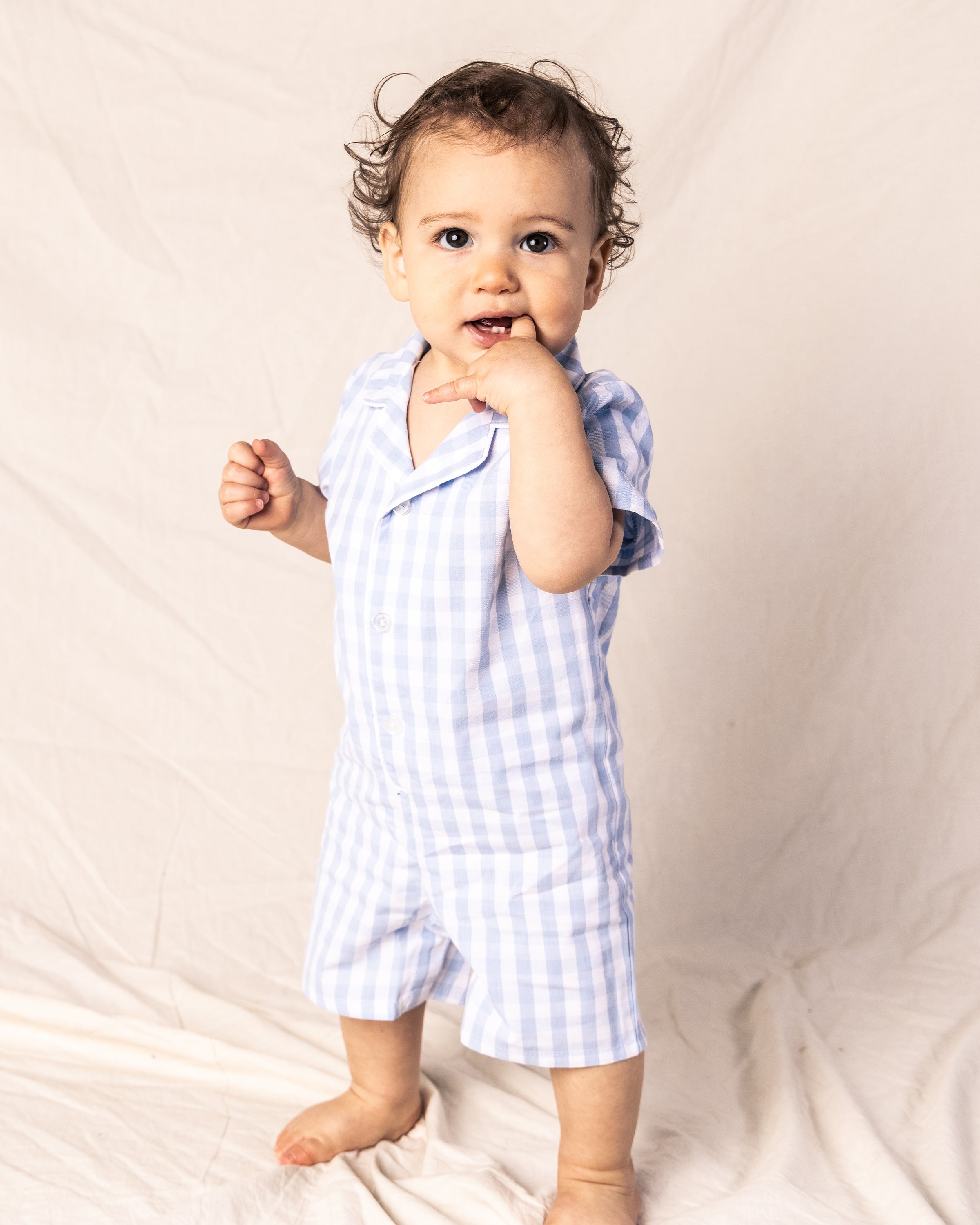 Twill Summer Romper in Light Blue Gingham