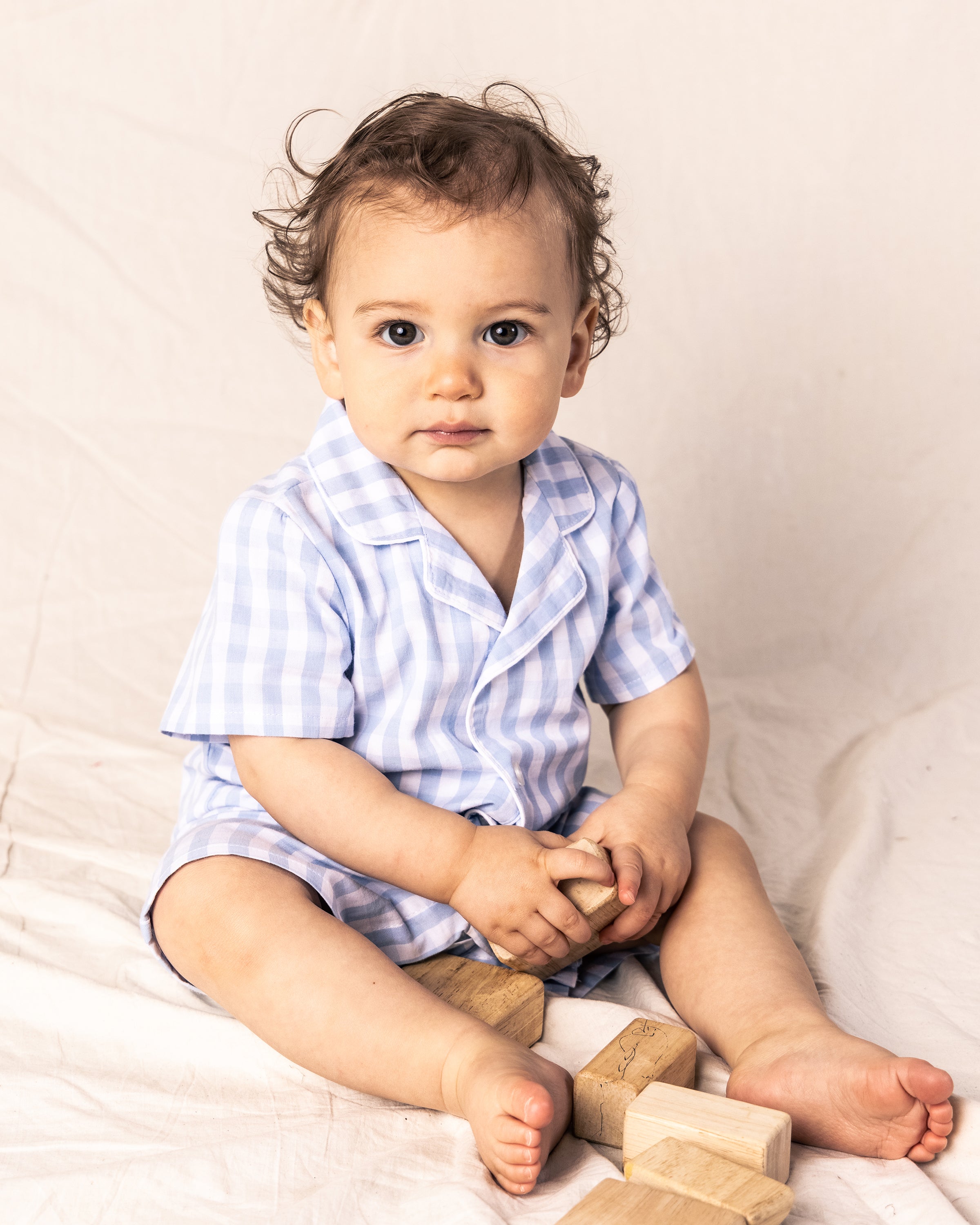 Twill Summer Romper in Light Blue Gingham