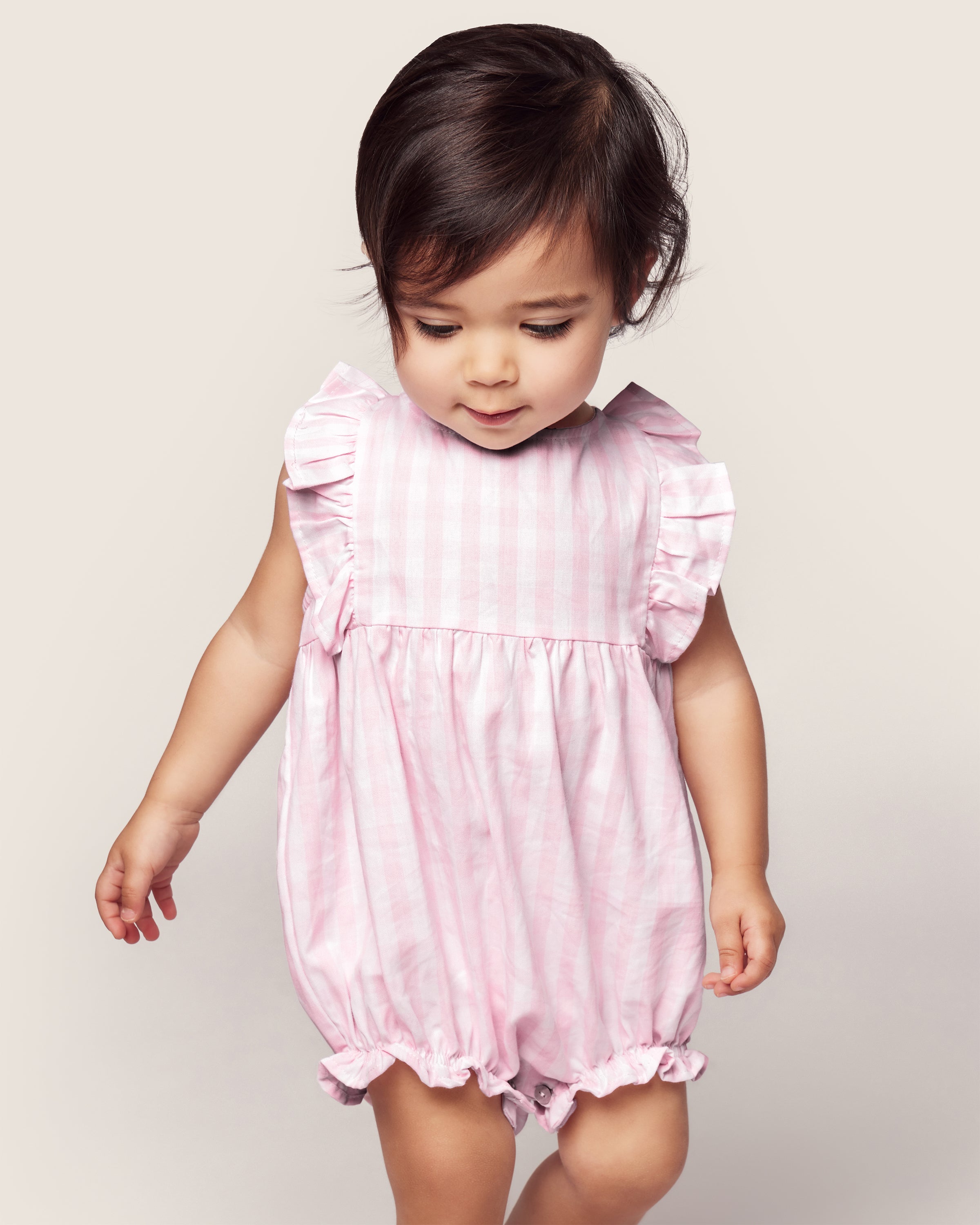 Twill Ruffled Romper in Pink Gingham