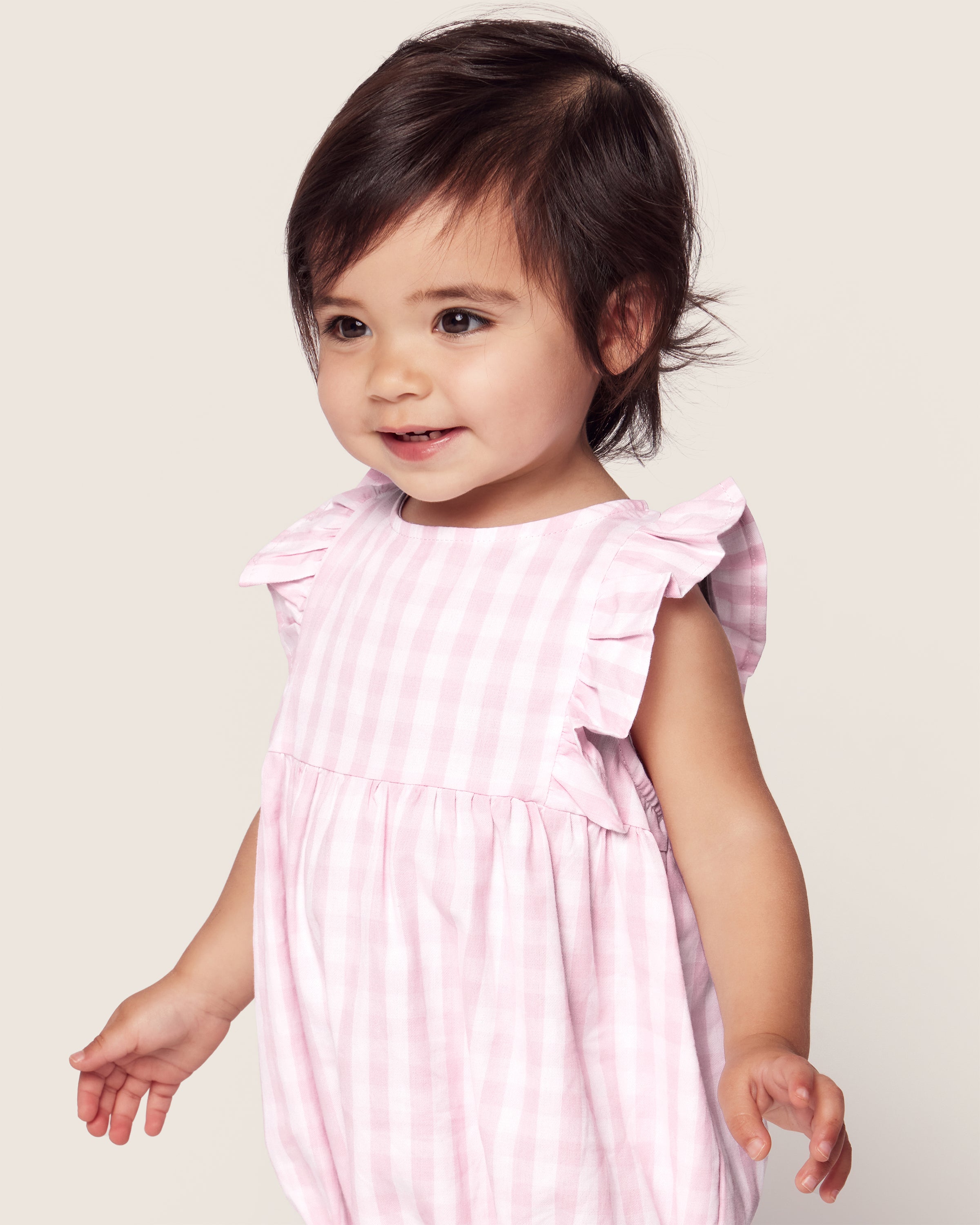 Twill Ruffled Romper in Pink Gingham