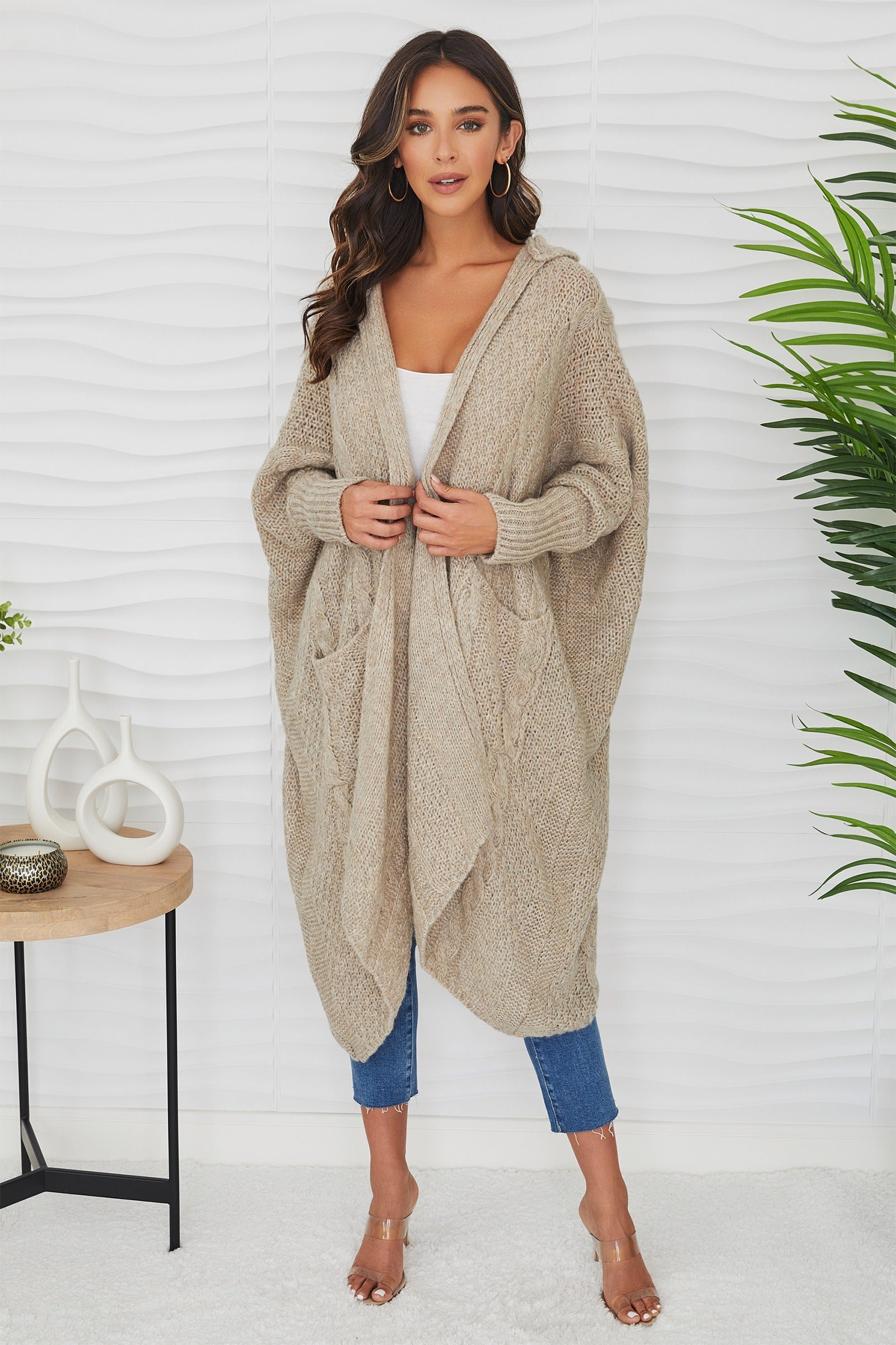 Cable knit mid length cardigan
