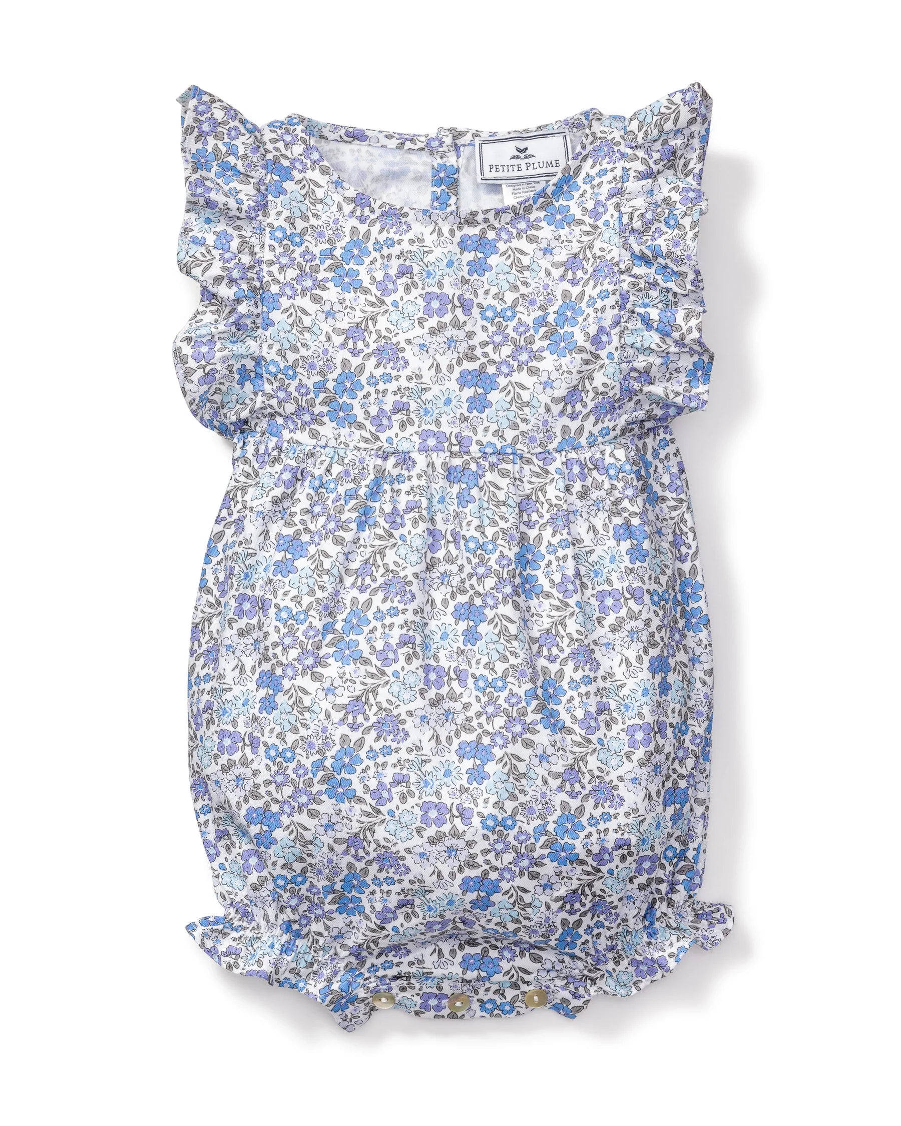 Twill Ruffled Romper in Fleur D'Azur