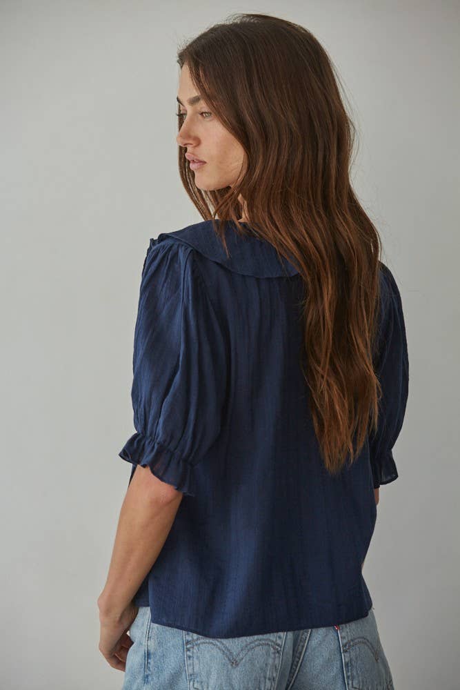 Woven Cotton V-Neck Short Sleeve Top