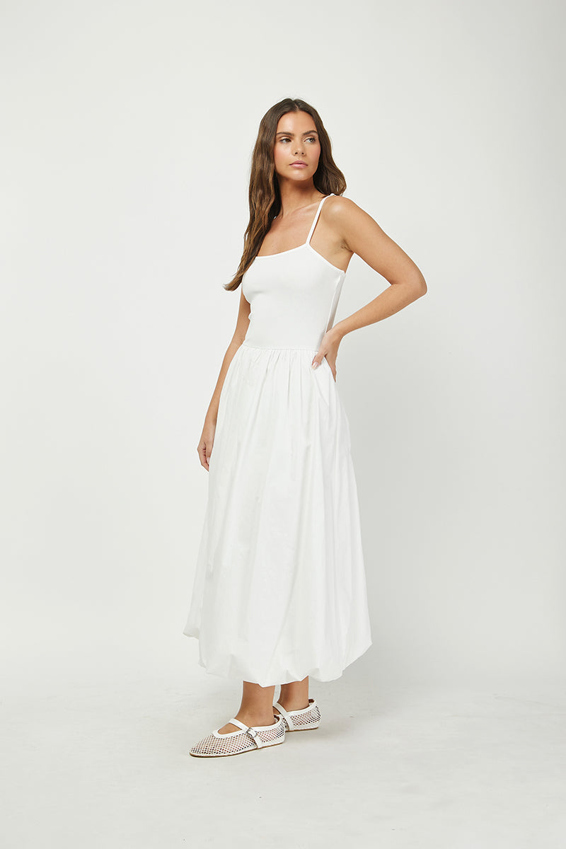 RIBBED CAMI DRESS WITH BUBBLE MAXI SKIRT