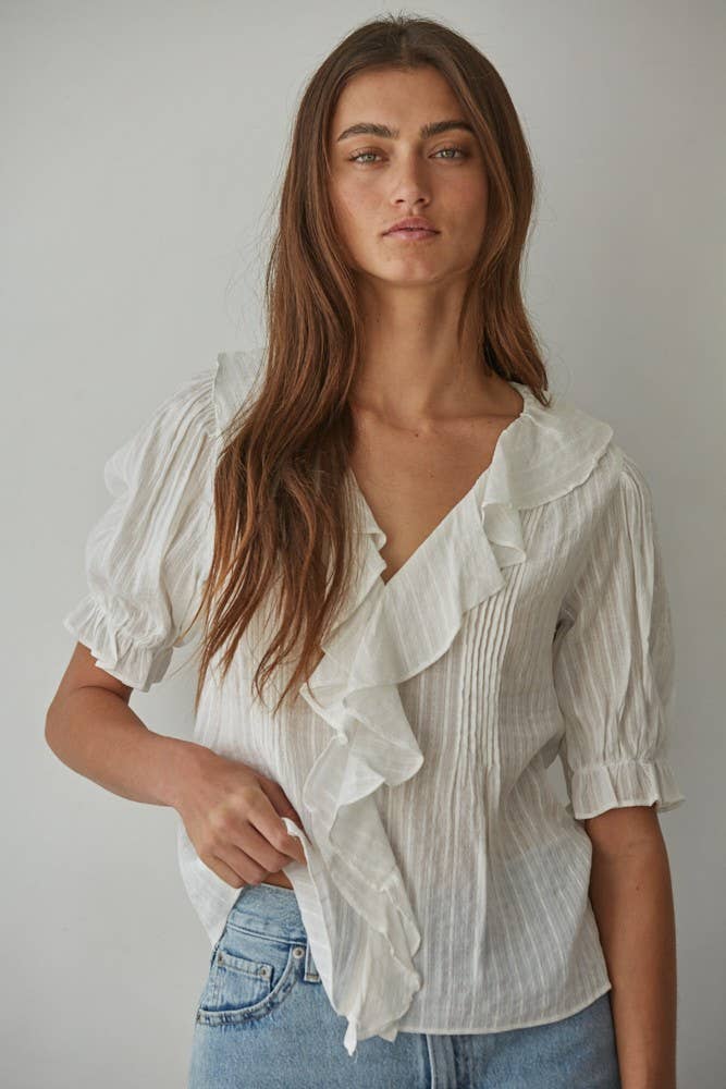 Woven Cotton V-Neck Short Sleeve Top