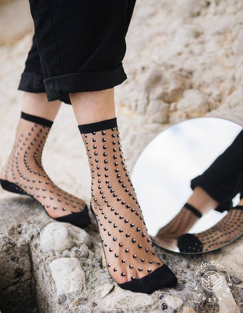 CRESCENT DUNES BLACK • Sheer polka dot socks