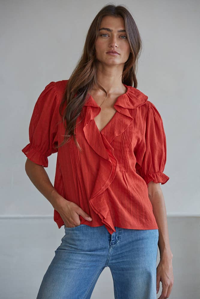 Woven Cotton V-Neck Short Sleeve Top