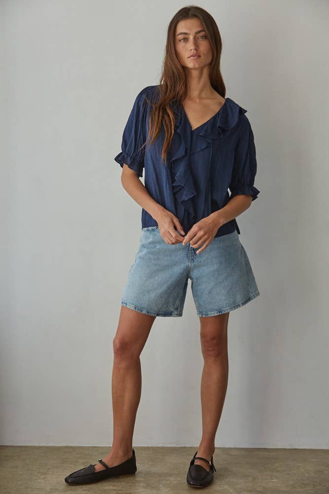 Woven Cotton V-Neck Short Sleeve Top