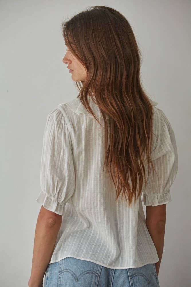 Woven Cotton V-Neck Short Sleeve Top