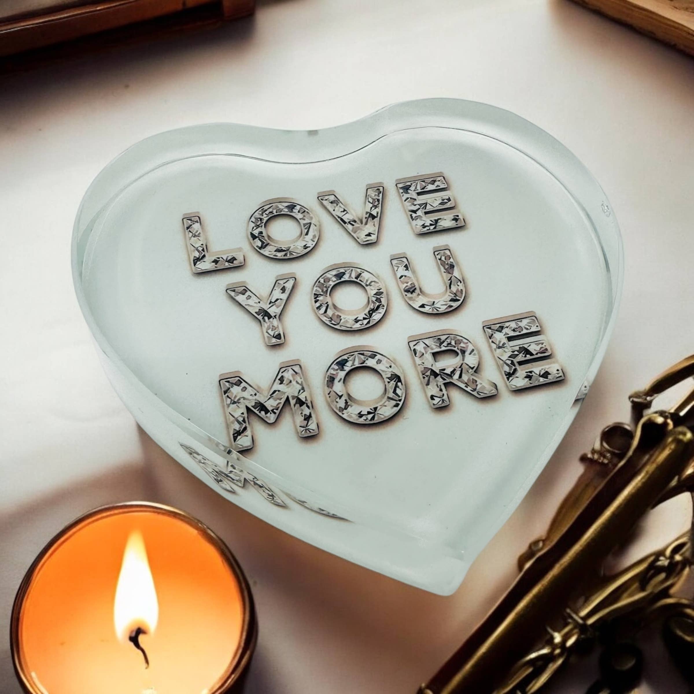 Love You More Diamond  Crystal Heart Paperweight Decor   