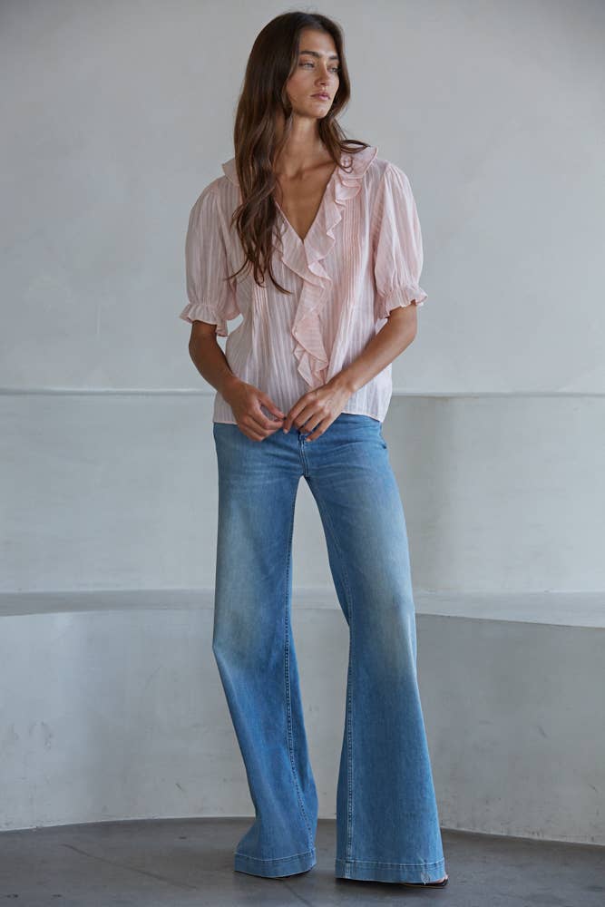 Woven Cotton V-Neck Short Sleeve Top