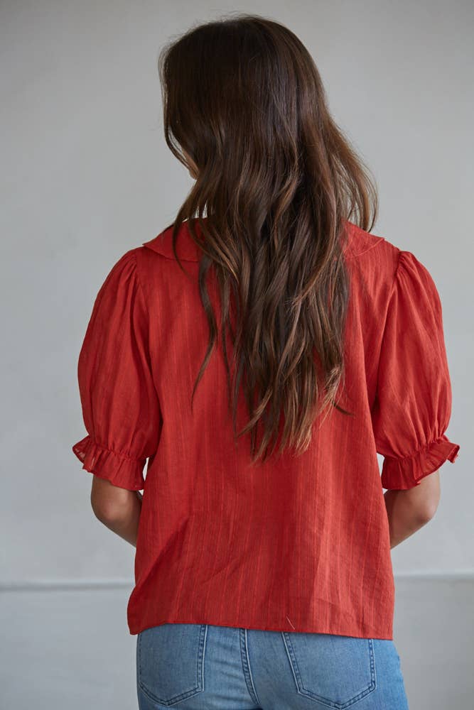 Woven Cotton V-Neck Short Sleeve Top
