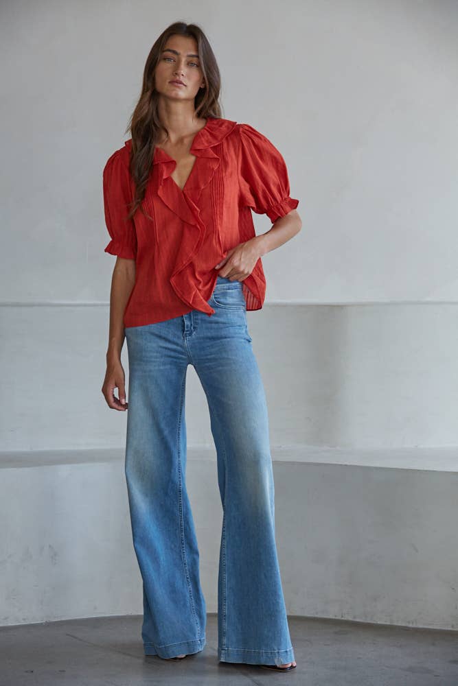 Woven Cotton V-Neck Short Sleeve Top