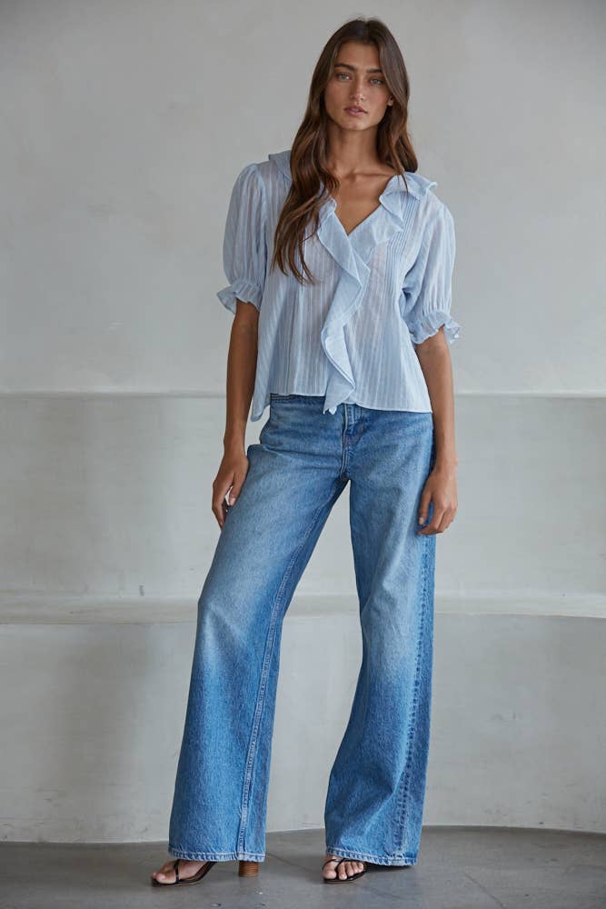 Woven Cotton V-Neck Short Sleeve Top