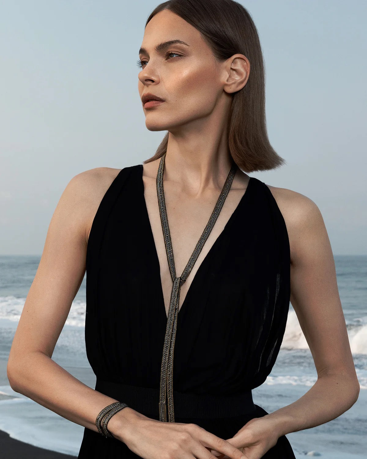 Long black Ribbon and brass necklace