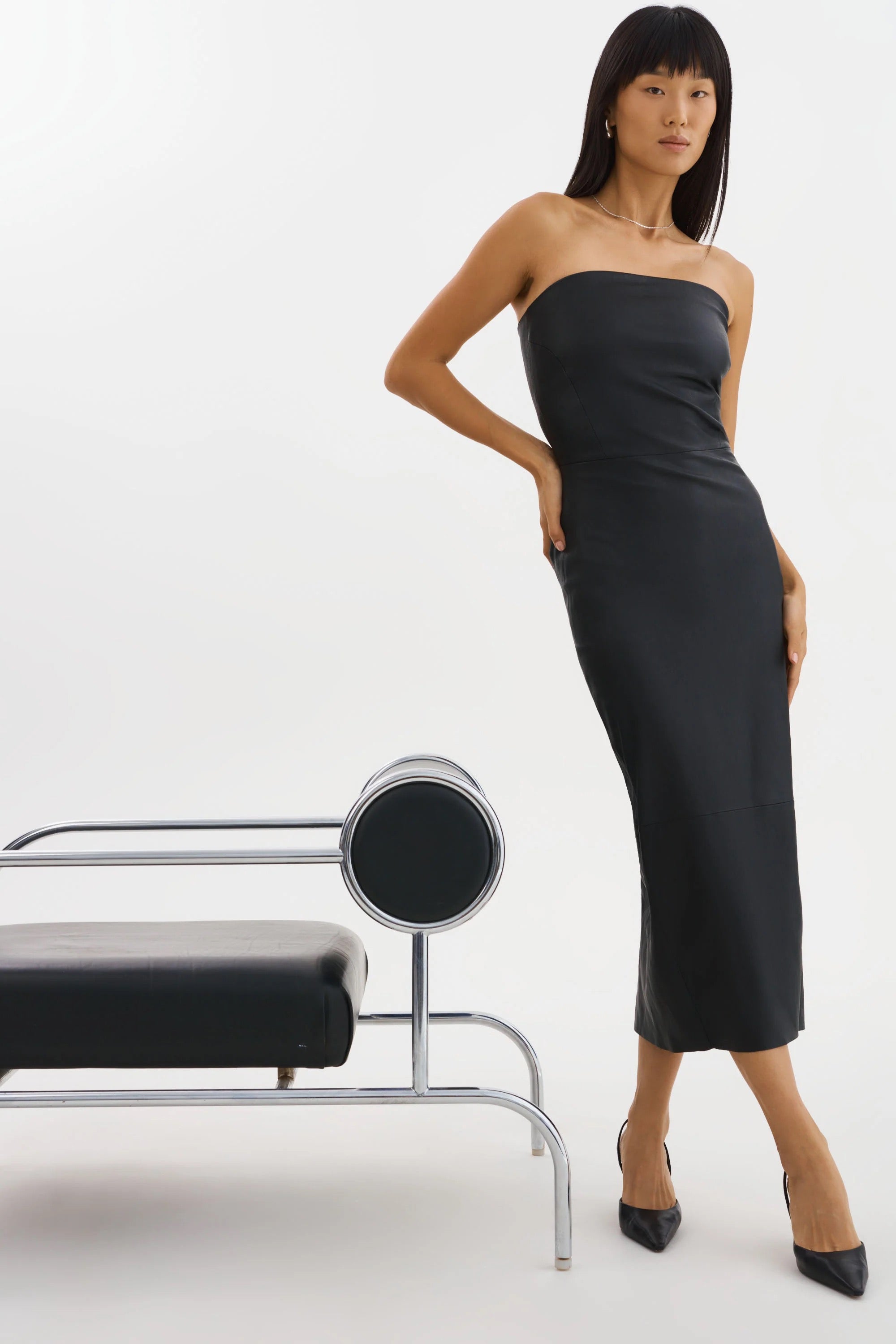 Strapless leather midi dress