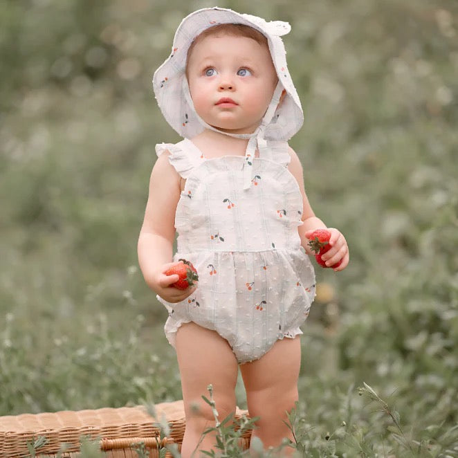 Strawberry picnic swiss dot romper