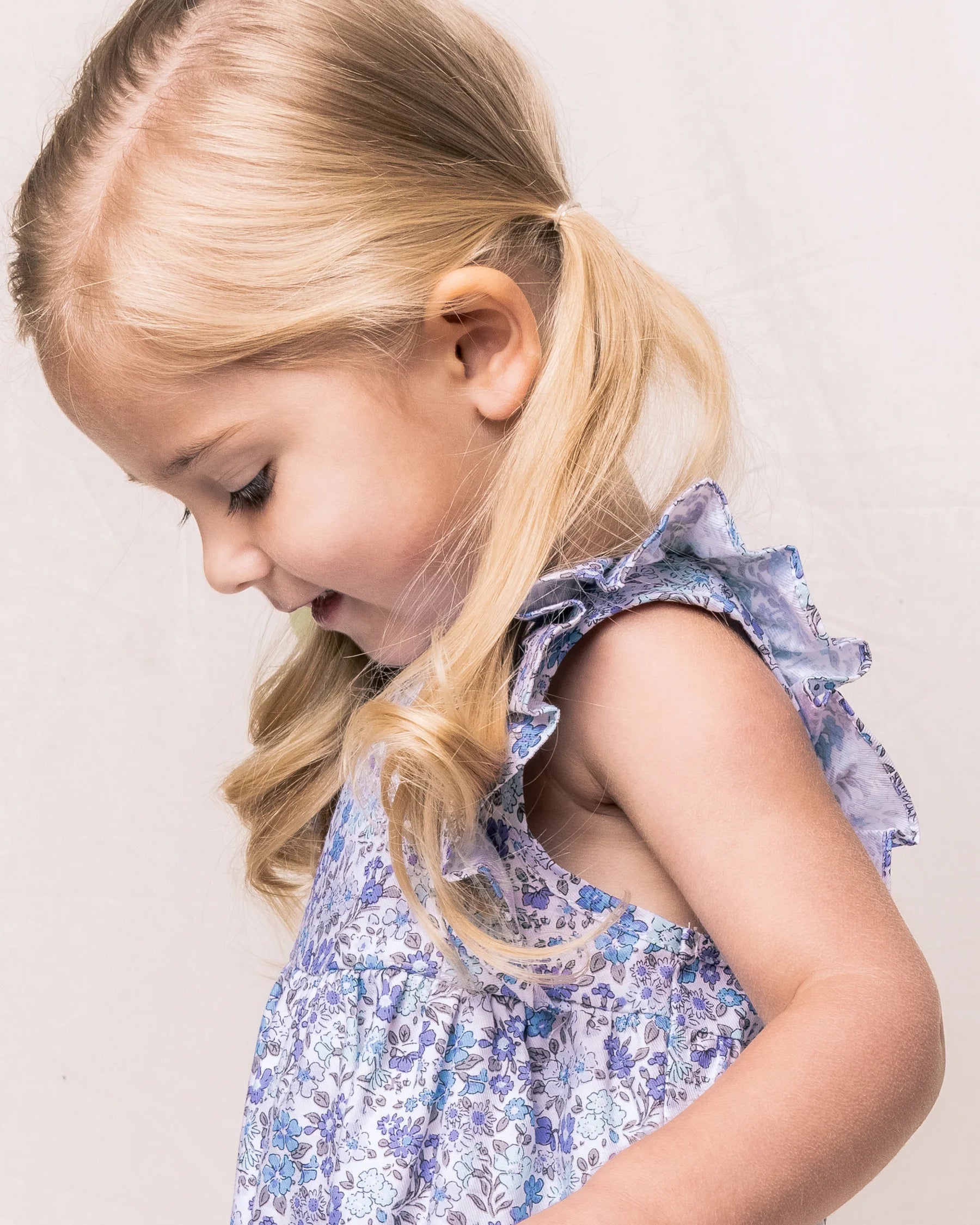 Twill Ruffled Romper in Fleur D'Azur