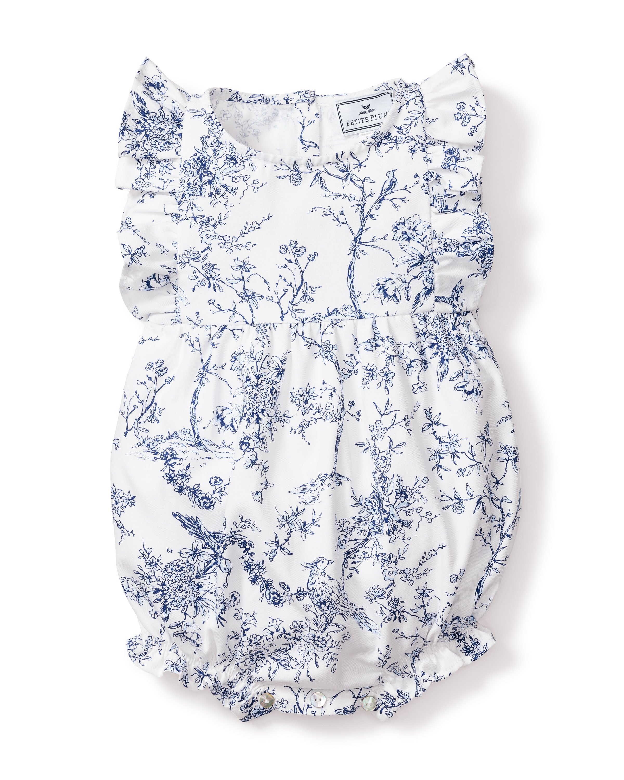 Twill Ruffled Romper in Timeless Toile
