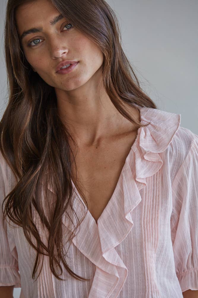 Woven Cotton V-Neck Short Sleeve Top