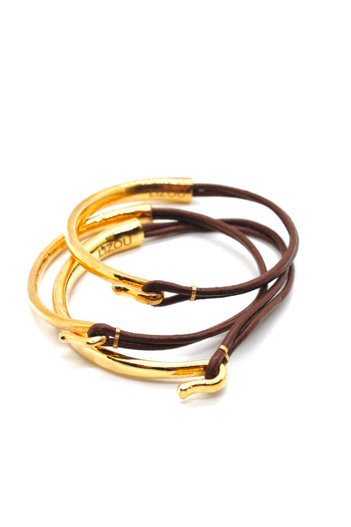 Brown Leather + 24K Gold Plate Bangle Bracelet