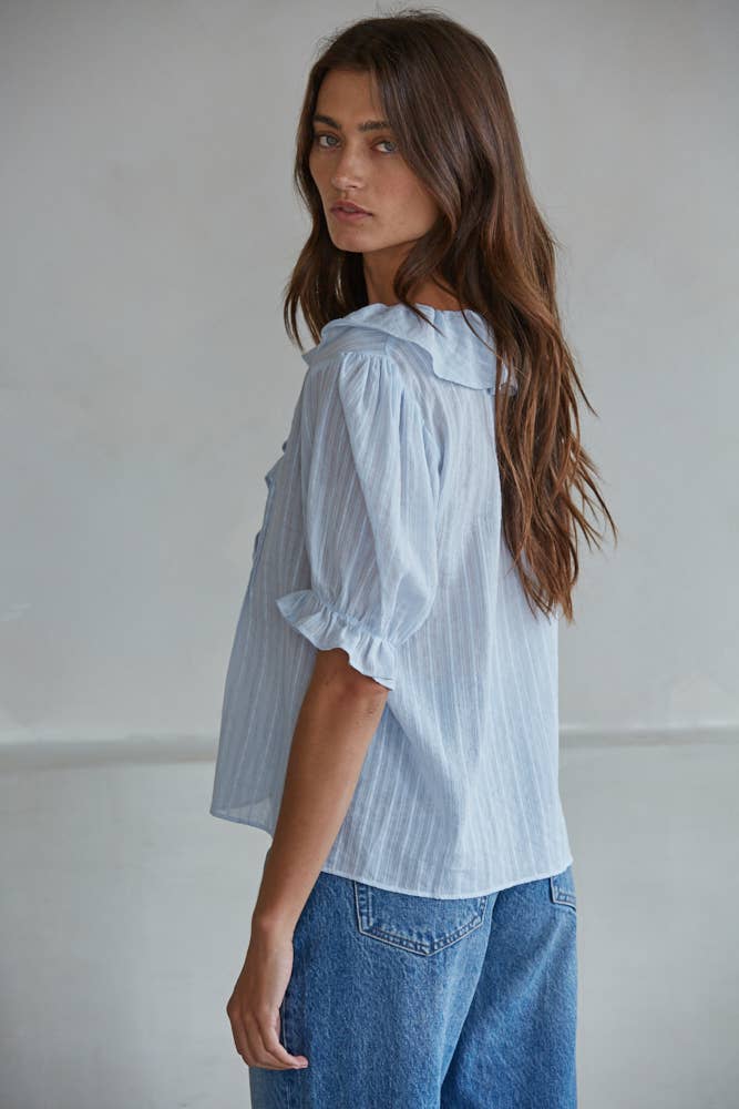 Woven Cotton V-Neck Short Sleeve Top