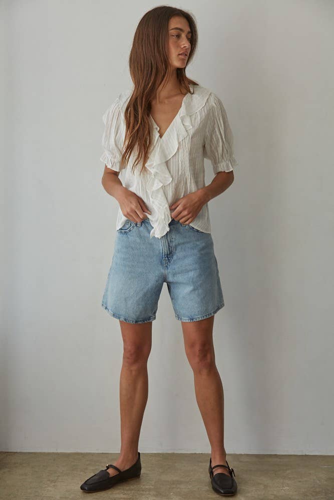 Woven Cotton V-Neck Short Sleeve Top