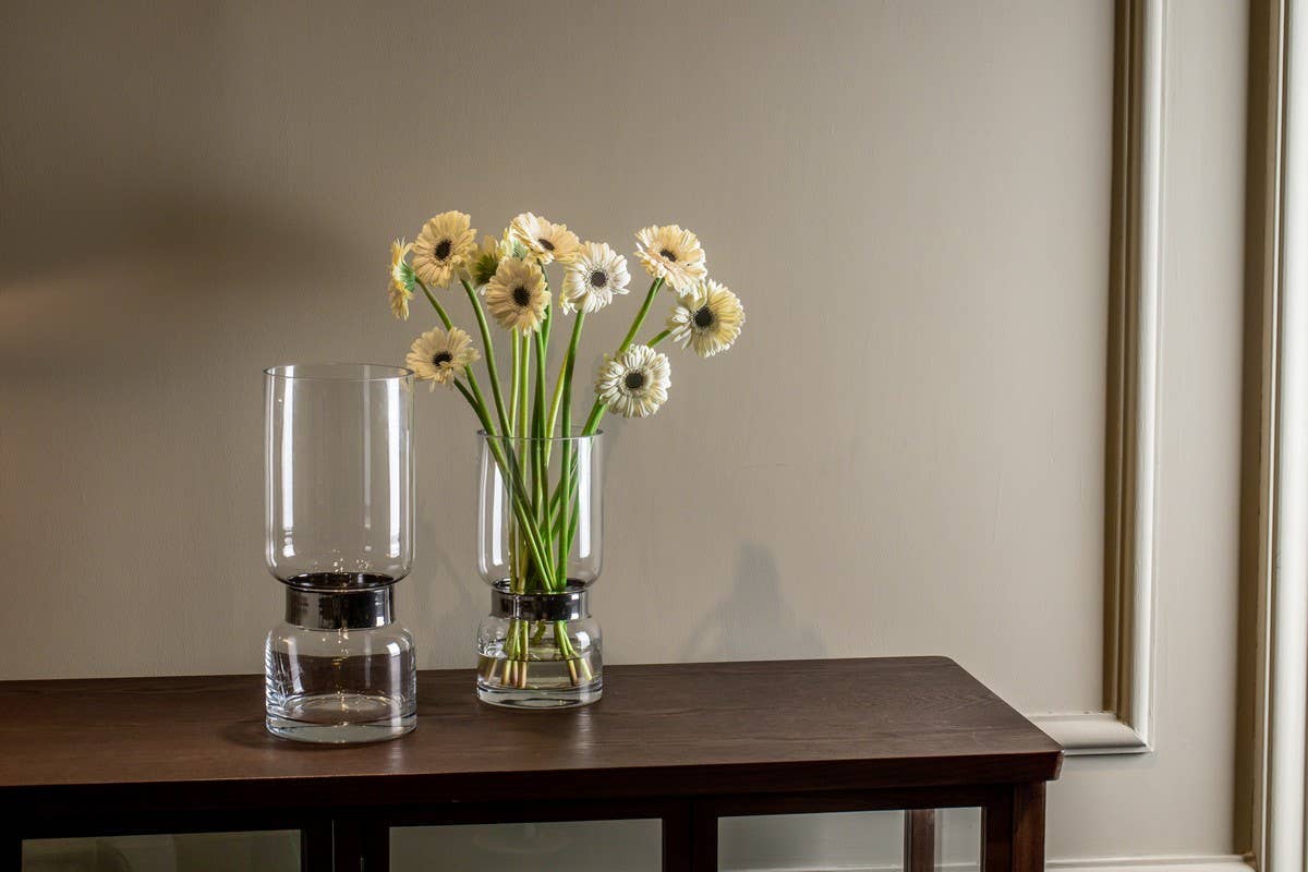 Retro Futurist, Clear Luxury Glass Vase With Silver Trier Si