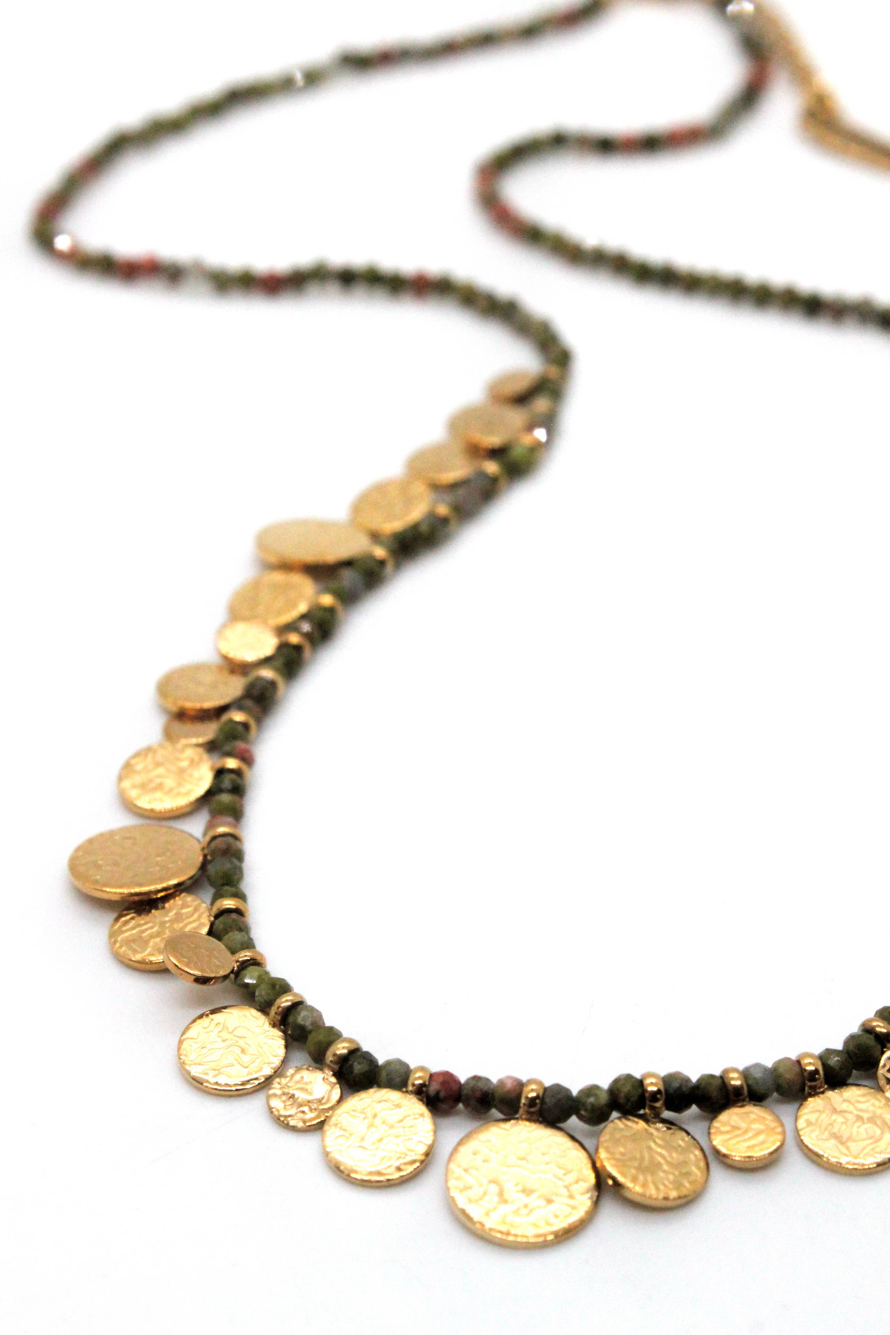 Short Mini Gold Disc Charm Unakite Necklace - N2-2612U