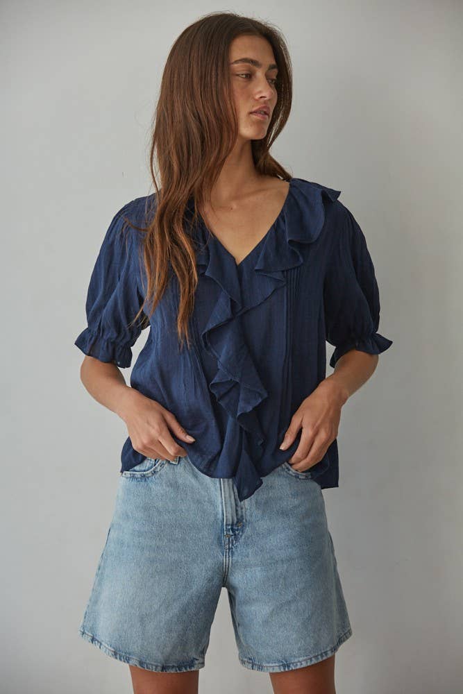 Woven Cotton V-Neck Short Sleeve Top