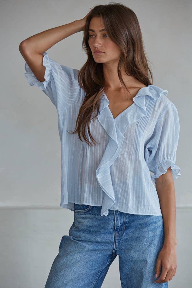 Woven Cotton V-Neck Short Sleeve Top