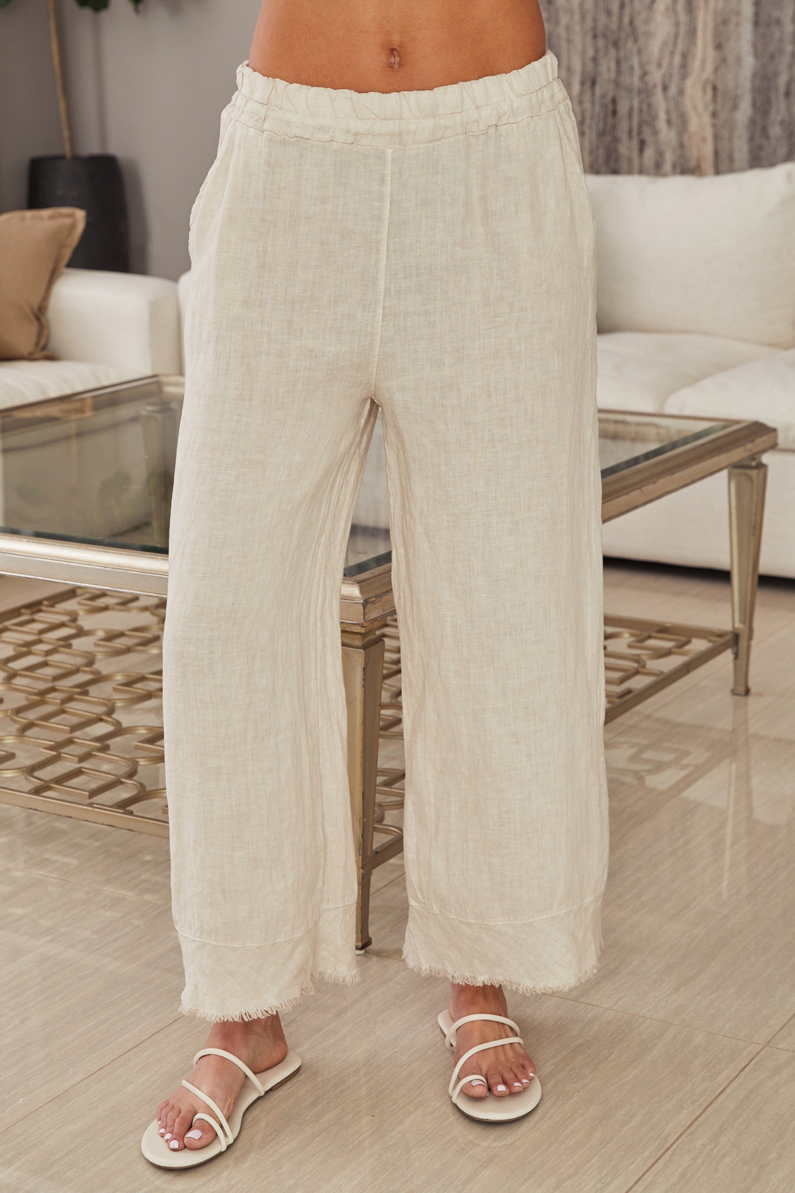 ELASTIC WAIST LINEN PANT WITH FRINGE HEM AND POCKETS